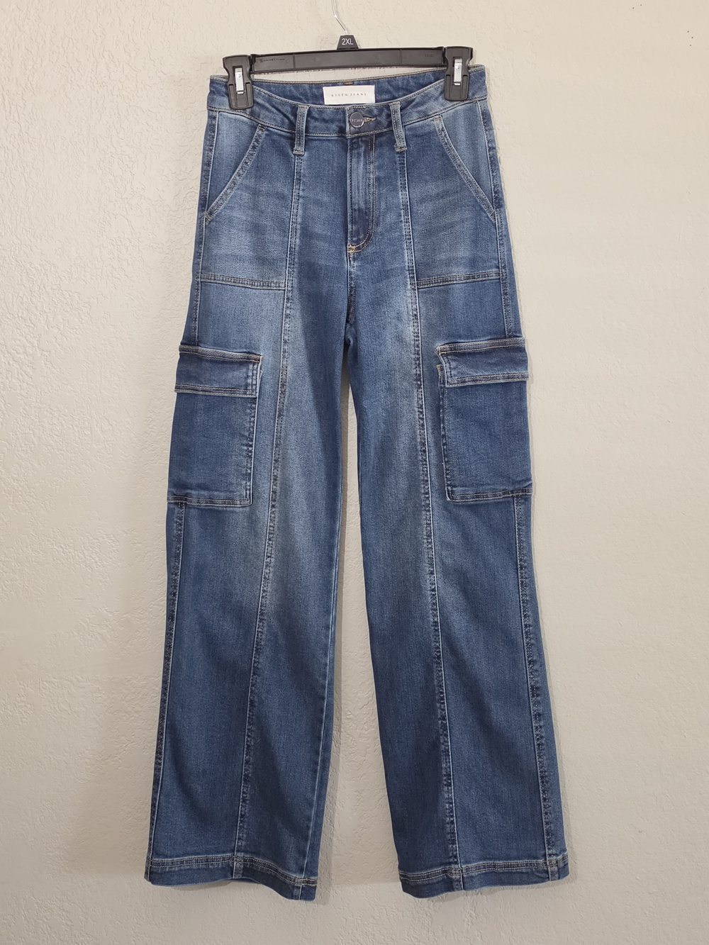 Risen Cargo Wide Leg Jeans Medium Wash High Waist Stretchy Denim Juniors Size 3 - Picture 2 of 11